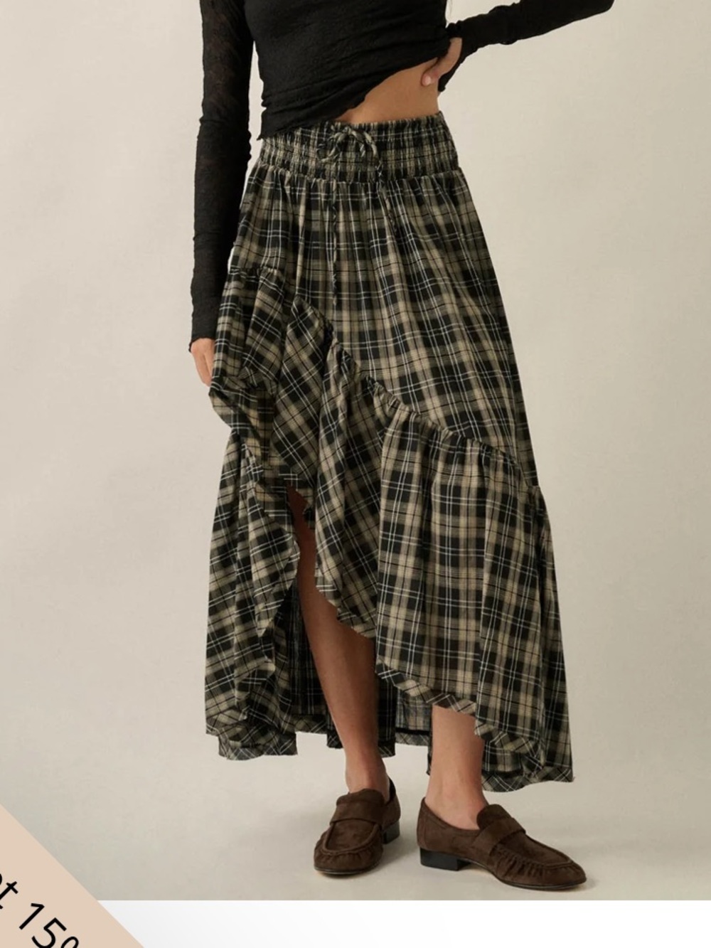 NWT Passport high low Plaid Smocked Tiered Maxi Skirt Navy Cream L Boho Grunge
